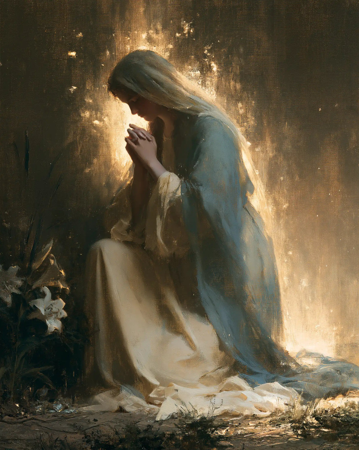 Virgin Mary in Prayer — The Cloak in the Streaming Halo