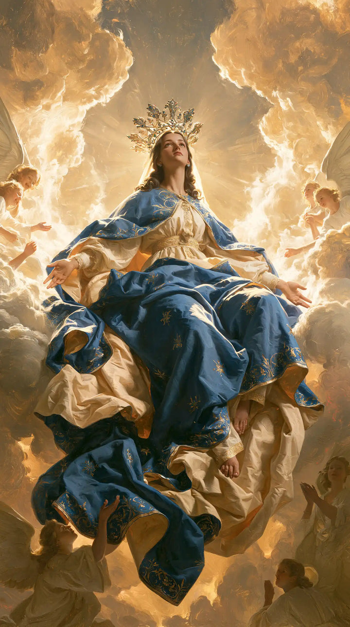 Mary, Queen of Heaven — Azure Folds at the Edge of Golden Infinity
