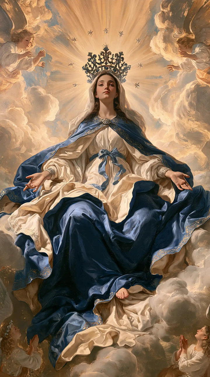 Mary, Queen of Heaven — Ivory Gentleness Beneath Royal Rays