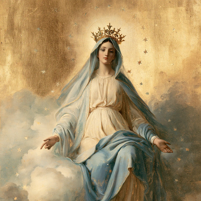 Mary, Queen of Heaven — Royal Repose in Pearl-Grey Clouds
