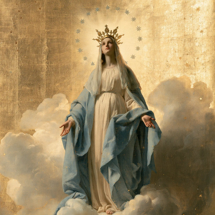 Mary, Queen of Heaven — Lowered Hands Beneath the Silver Ring