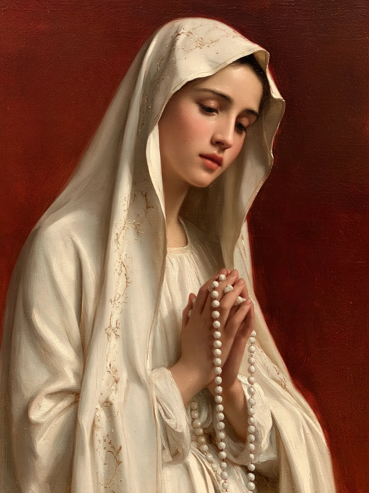 Our Lady of Fatima – White Veil Against Cardinal Red