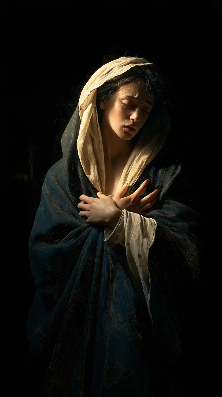 Our Lady of Sorrows — The Clasped Heart beneath the Veil’s Gleam