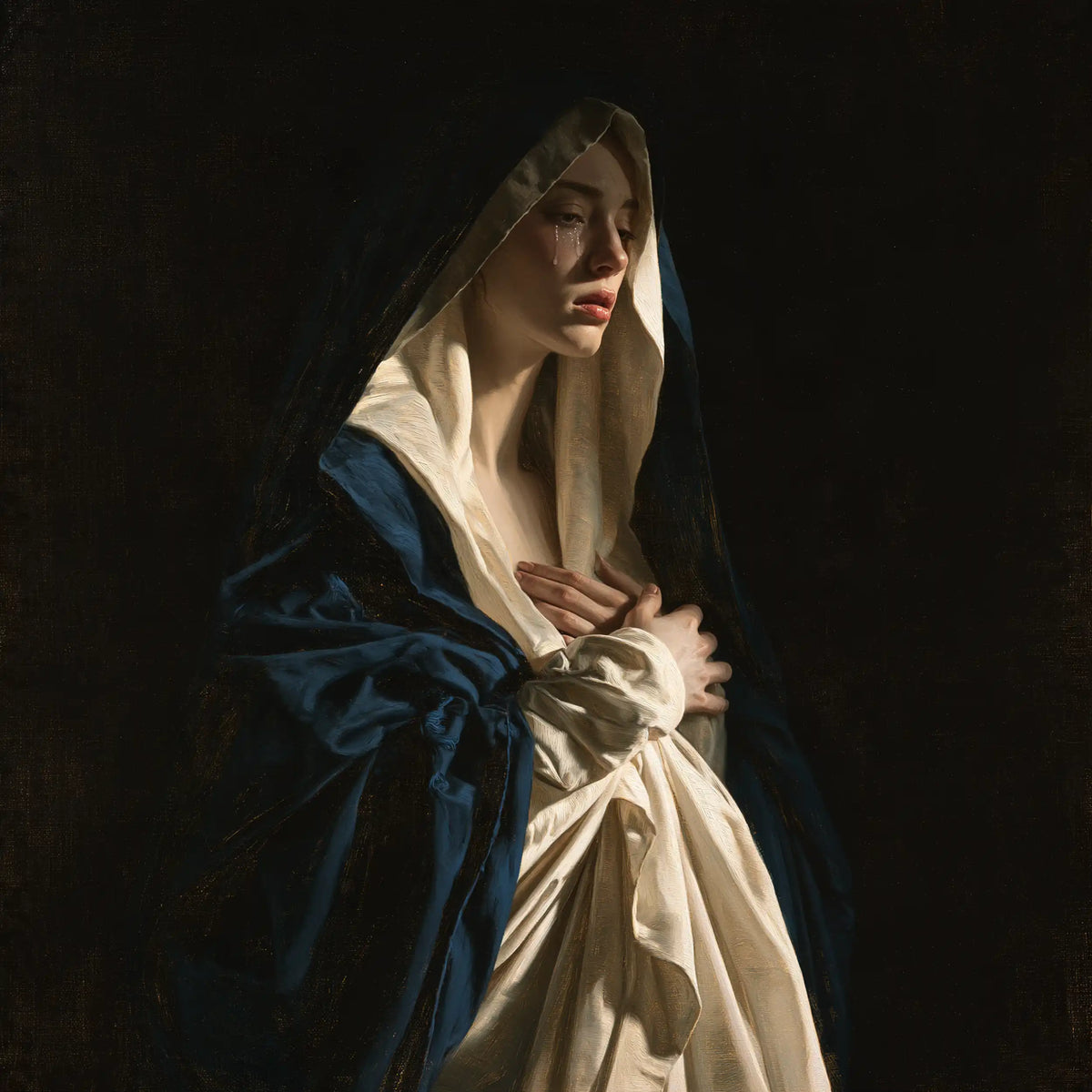 Mary as a light within sorrow in Mary as Light in Sorrow style, square Christian artwork no. 1