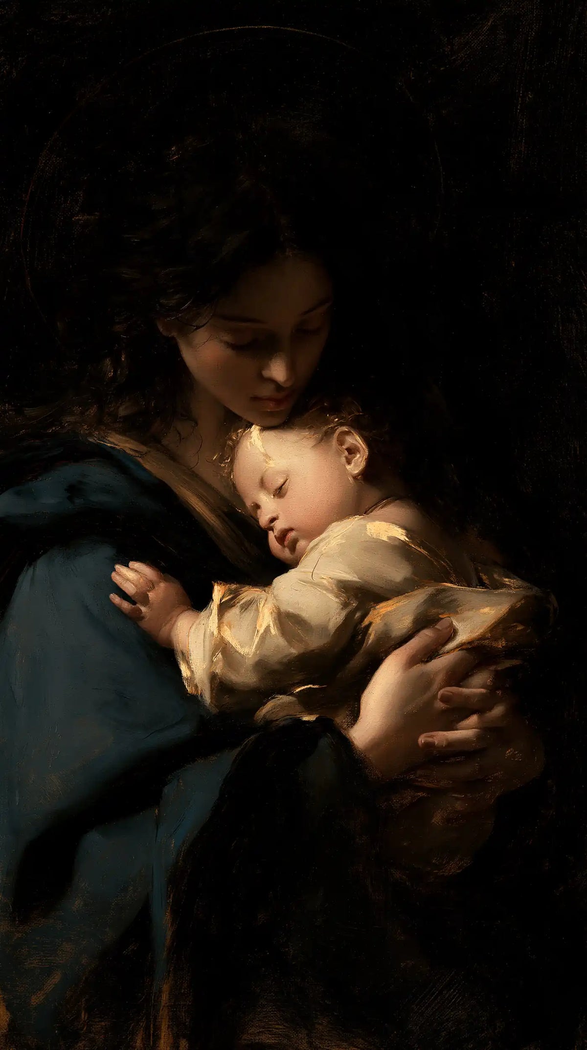 the Virgin Mary holding the Child Jesus in Black and Gold style, portrait Christian artwork no. 15