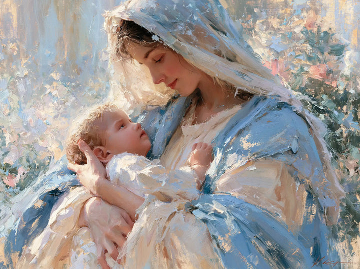 The Virgin and Child — A Gaze Cradled Among Pink Brushstrokes