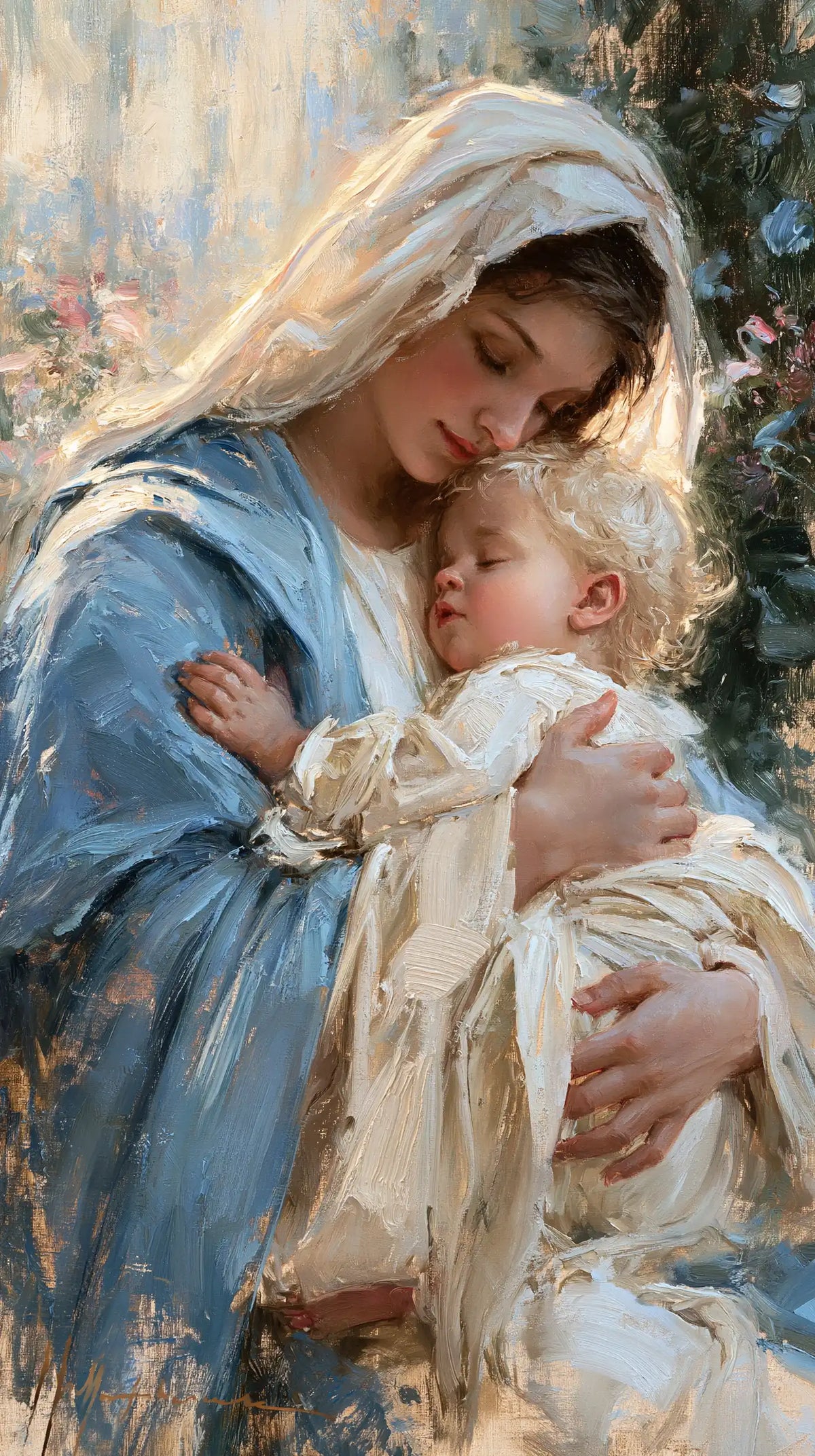 the Virgin Mary and the Child Jesus together in Impressionist style, portrait Christian artwork no. 21