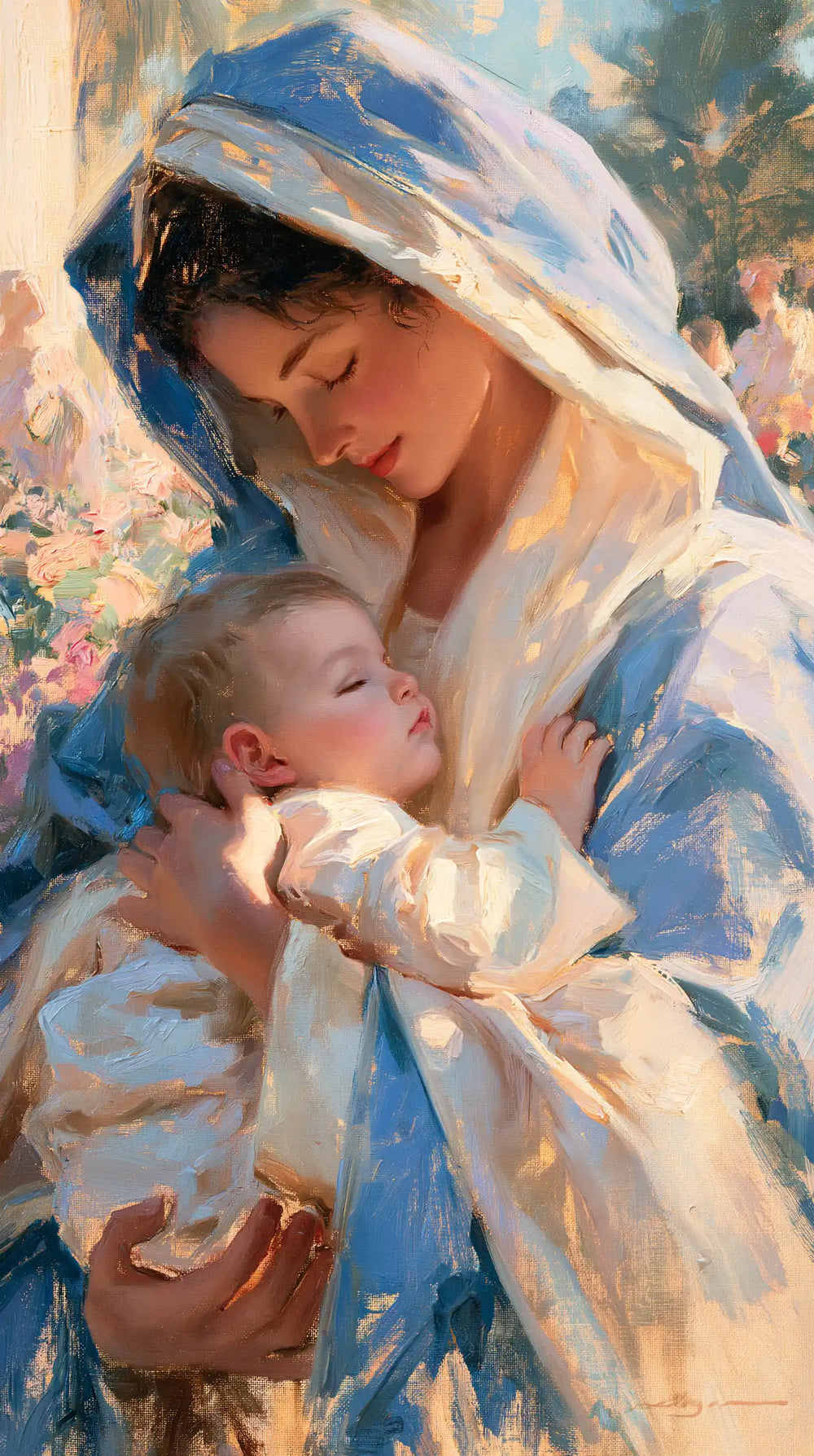 the Virgin Mary and the Child Jesus together in Impressionist style, portrait Christian artwork no. 22
