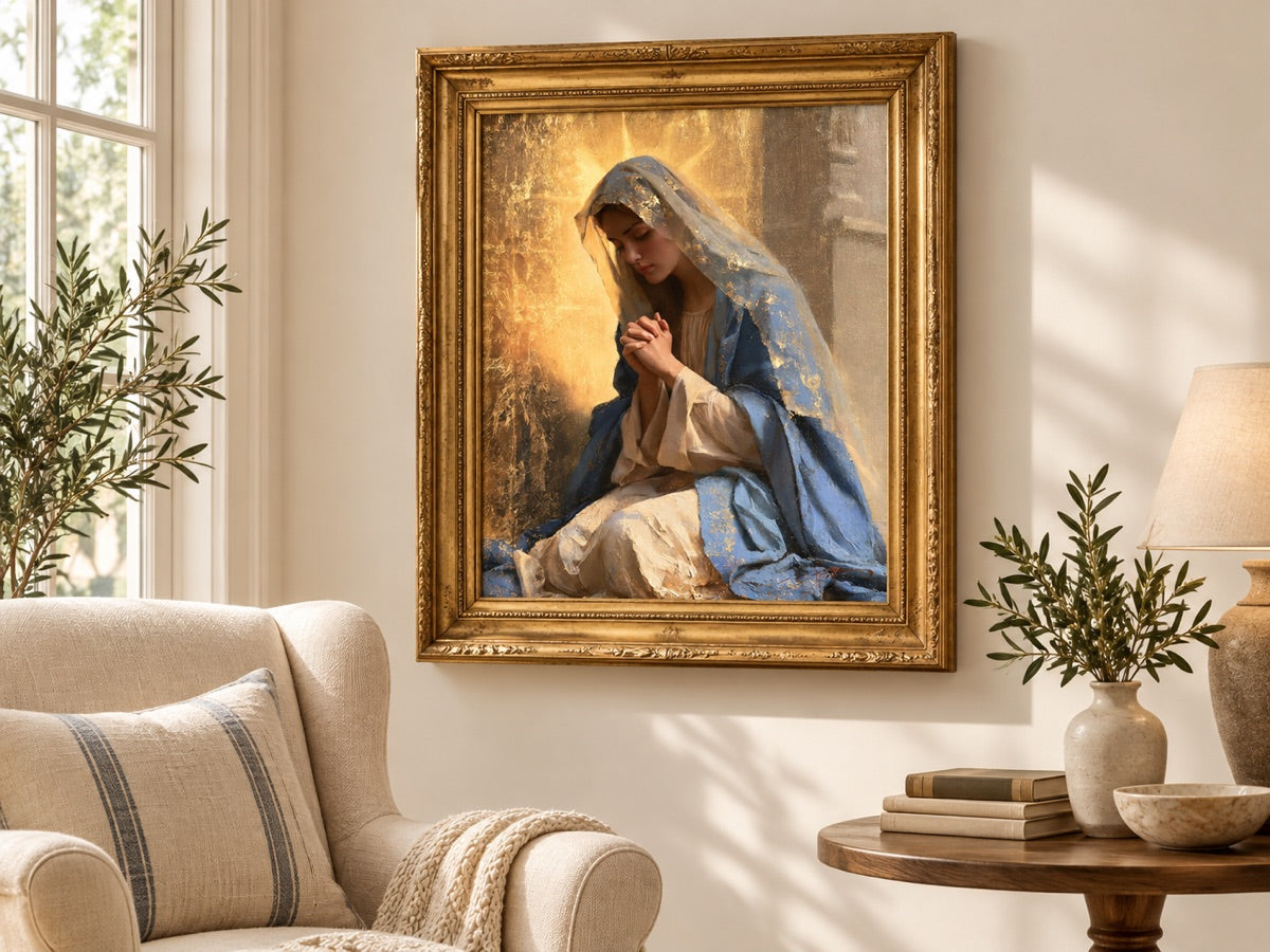 Virgin Mary in Prayer — gold framed interior mockup