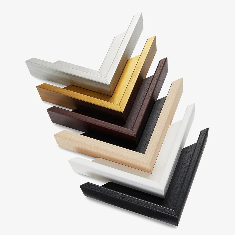 Floating frame finishes: silver, gold, brown, natural wood, white and black.